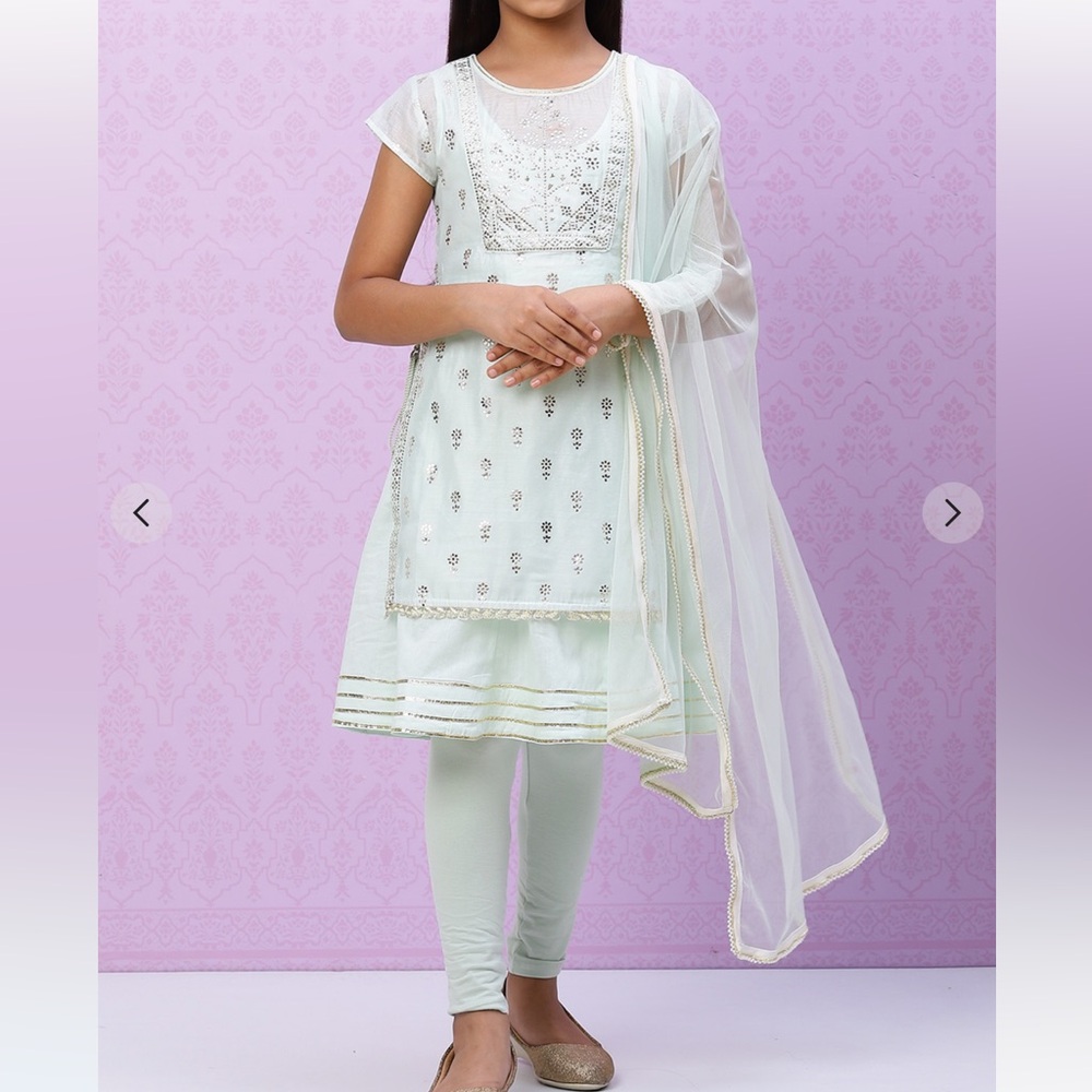 Biba art silk flared kurta churidar suit set for girls